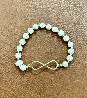 White Beaded Silver Stretch Bracelet – Infinity Charm